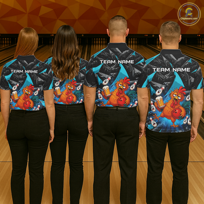 Four people wearing black and turquoise bowling polo featuring a wild rooster mascot holding a beer mug and red bowling ball, with custom team name text.