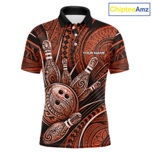 Load image into Gallery viewer, Front view personalized bowling polo shirt with bowling balls and pins arranged within orange polynesian tribal patterned artwork across a dark layout.