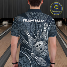 Load image into Gallery viewer, Men wearing personalized bowling polo shirt with bowling balls and pins arranged within navy blue polynesian tribal patterned artwork across a dark layout.