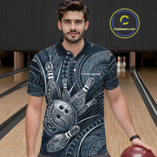 Load image into Gallery viewer, Men wearing personalized bowling polo shirt with bowling balls and pins arranged within navy blue polynesian tribal patterned artwork across a dark layout.