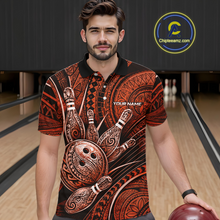 Load image into Gallery viewer, Men wearing personalized bowling polo shirt with bowling balls and pins arranged within orange polynesian tribal patterned artwork across a dark layout.