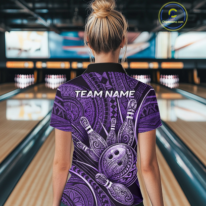 Women wearing personalized bowling quarter zip shirt with bowling balls and pins arranged within polynesian tribal patterned artwork across a purple layout.