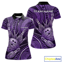 Load image into Gallery viewer, Front and back view personalized bowling polo shirt with bowling balls and pins arranged within polynesian tribal patterned artwork across a purple layout.