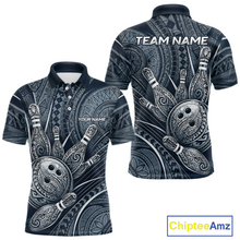 Load image into Gallery viewer, Front and back view personalized bowling polo shirt with bowling balls and pins arranged within navy blue polynesian tribal patterned artwork across a dark layout.