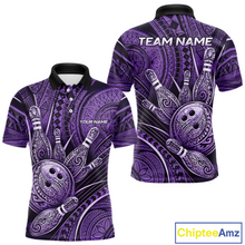 Load image into Gallery viewer, Front and back view personalized bowling polo shirt with bowling balls and pins arranged within purple polynesian tribal patterned artwork across a dark layout.
