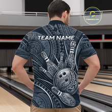 Load image into Gallery viewer, Men wearing personalized bowling quarter zip shirt with bowling balls and pins arranged within navy blue polynesian tribal patterned artwork across a dark layout.
