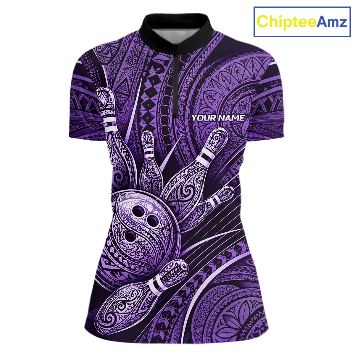 Front view personalized bowling quarter zip shirt with bowling balls and pins arranged within polynesian tribal patterned artwork across a purple layout.