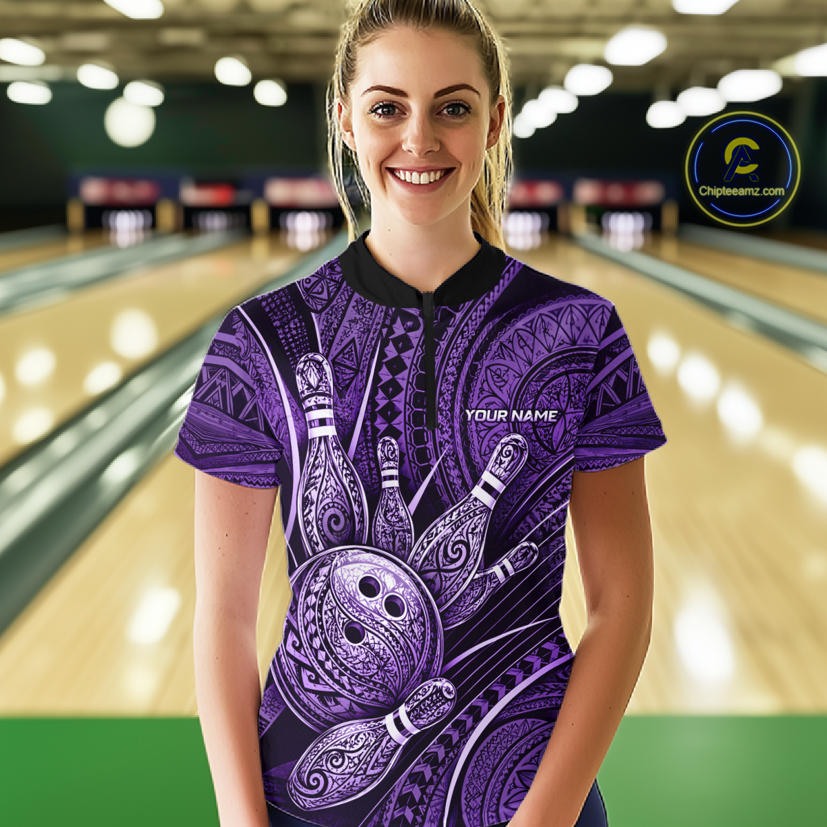 Women wearing personalized bowling quarter zip shirt with bowling balls and pins arranged within polynesian tribal patterned artwork across a purple layout.