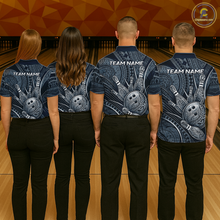Load image into Gallery viewer, Four people standing in a bowling alley, viewed from behind, wearing matching dark blue short-sleeve bowling shirts with a white tribal-inspired graphic pattern and the text 'TEAM NAME' on the back. The shirts feature a large bowling pin and ball motif.