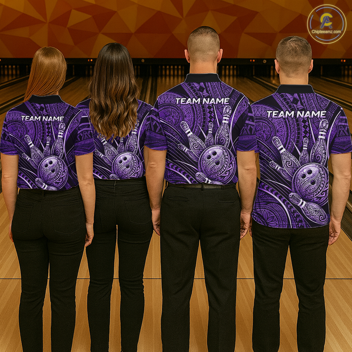 Four people wearing personalized bowling polo shirt with bowling balls and pins arranged within polynesian tribal patterned artwork across a purple layout.