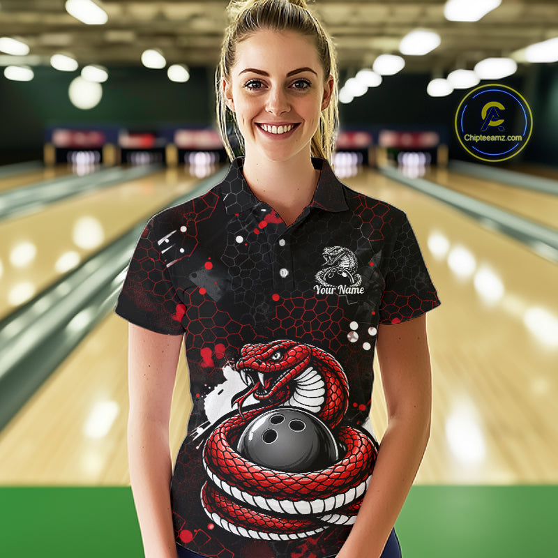Custom Red Snake Bowling Jersey for Women Bowling Team Shirts Bowling League Polo & 1/4 Zip HNT490