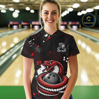 Custom Red Snake Bowling Jersey for Women Bowling Team Shirts Bowling League Polo & 1/4 Zip HNT490