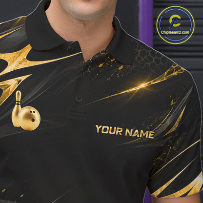Custom Black Gold Bowling Jersey for Men Bowling Team Shirts Bowling League Polo & 1/4 Zip HNT491