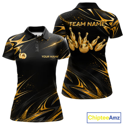 Custom Black Gold Bowling Jersey for Women Bowling Team Shirts Bowling League Polo & 1/4 Zip HNT491