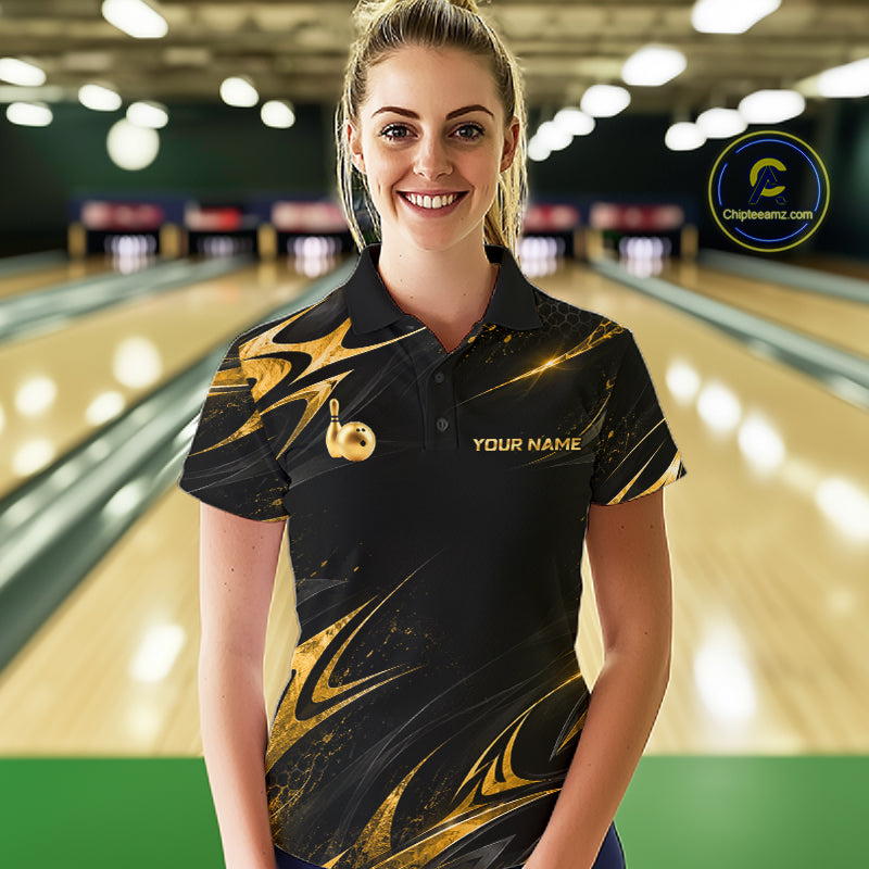 Custom Black Gold Bowling Jersey for Women Bowling Team Shirts Bowling League Polo & 1/4 Zip HNT491