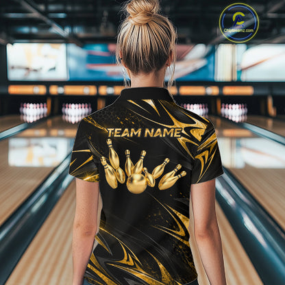 Custom Black Gold Bowling Jersey for Women Bowling Team Shirts Bowling League Polo & 1/4 Zip HNT491
