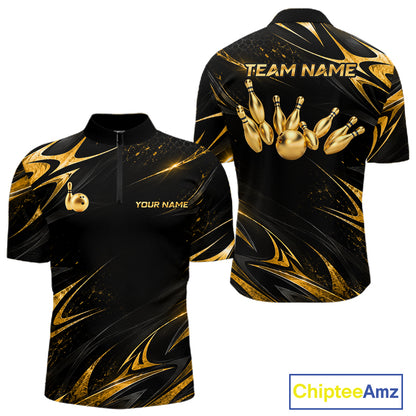 Custom Black Gold Bowling Jersey for Men Bowling Team Shirts Bowling League Polo & 1/4 Zip HNT491