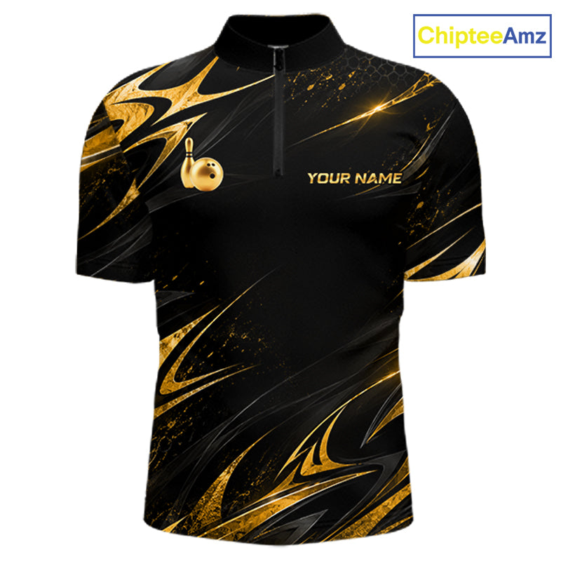 Custom Black Gold Bowling Jersey for Men Bowling Team Shirts Bowling League Polo & 1/4 Zip HNT491