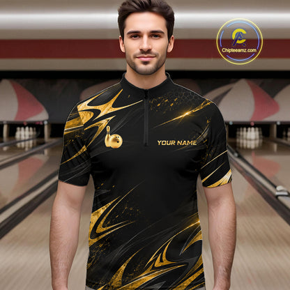 Custom Black Gold Bowling Jersey for Men Bowling Team Shirts Bowling League Polo & 1/4 Zip HNT491