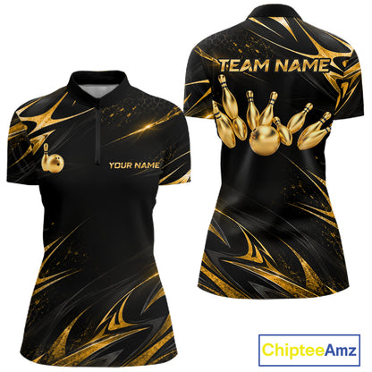Custom Black Gold Bowling Jersey for Women Bowling Team Shirts Bowling League Polo & 1/4 Zip HNT491