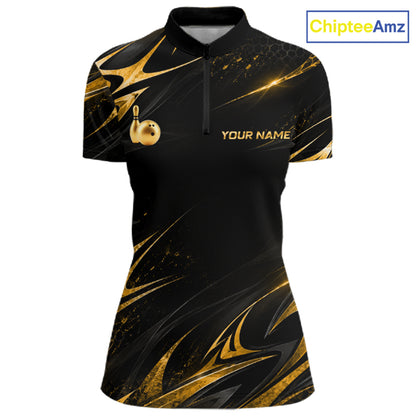 Custom Black Gold Bowling Jersey for Women Bowling Team Shirts Bowling League Polo & 1/4 Zip HNT491