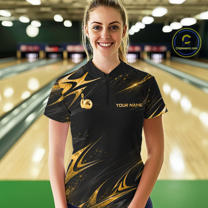Custom Black Gold Bowling Jersey for Women Bowling Team Shirts Bowling League Polo & 1/4 Zip HNT491