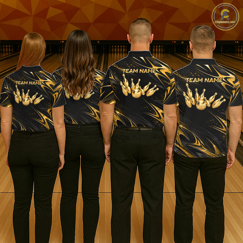 Custom Black Gold Bowling Jersey for Women Bowling Team Shirts Bowling League Polo & 1/4 Zip HNT491