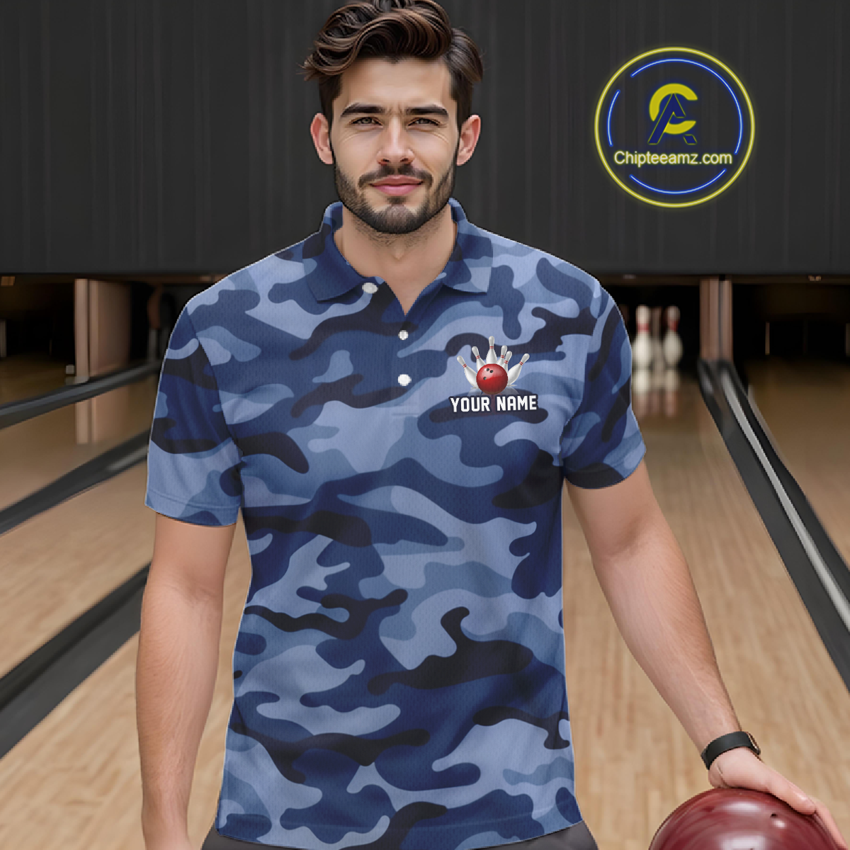 Custom Blue Camo Bowling Jersey for Men Bowling Team Shirts Bowling Uniform Polo & 1/4 Zip HNT167