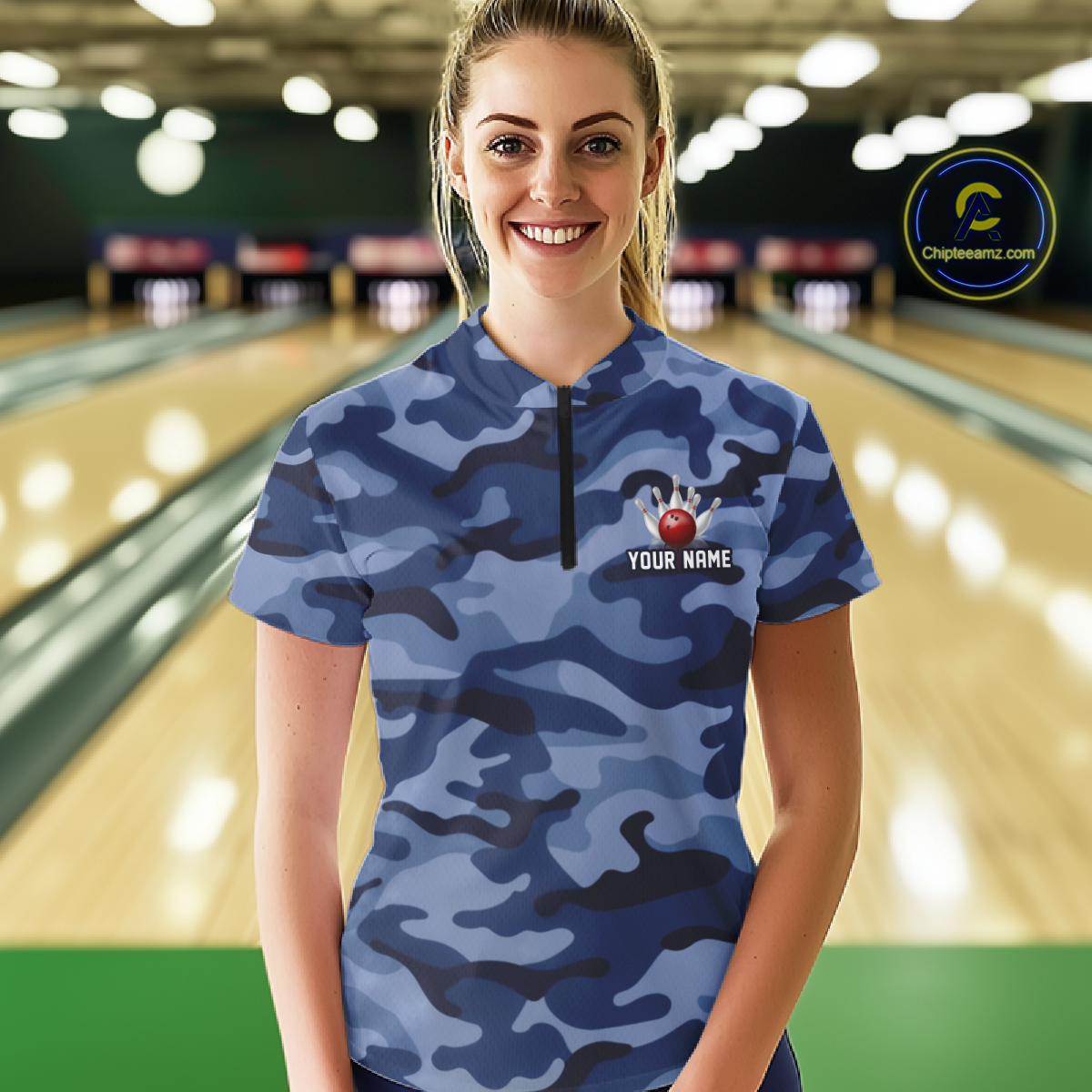 Custom Blue Camo Bowling Jersey for Women Bowling Team Shirts Bowling Uniform Polo & 1/4 Zip HNT167