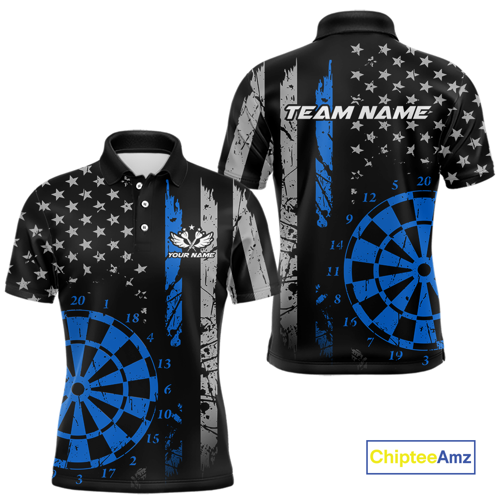 Custom Blue US Flag Darts Shirt for Men Darts Team Jerseys Dart Tournament Polo & 1/4 Zip NNT116