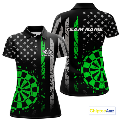 Custom Green US Flag Darts Shirt for Women Darts Team Jerseys Dart Tournament Polo & 1/4 Zip NNT116