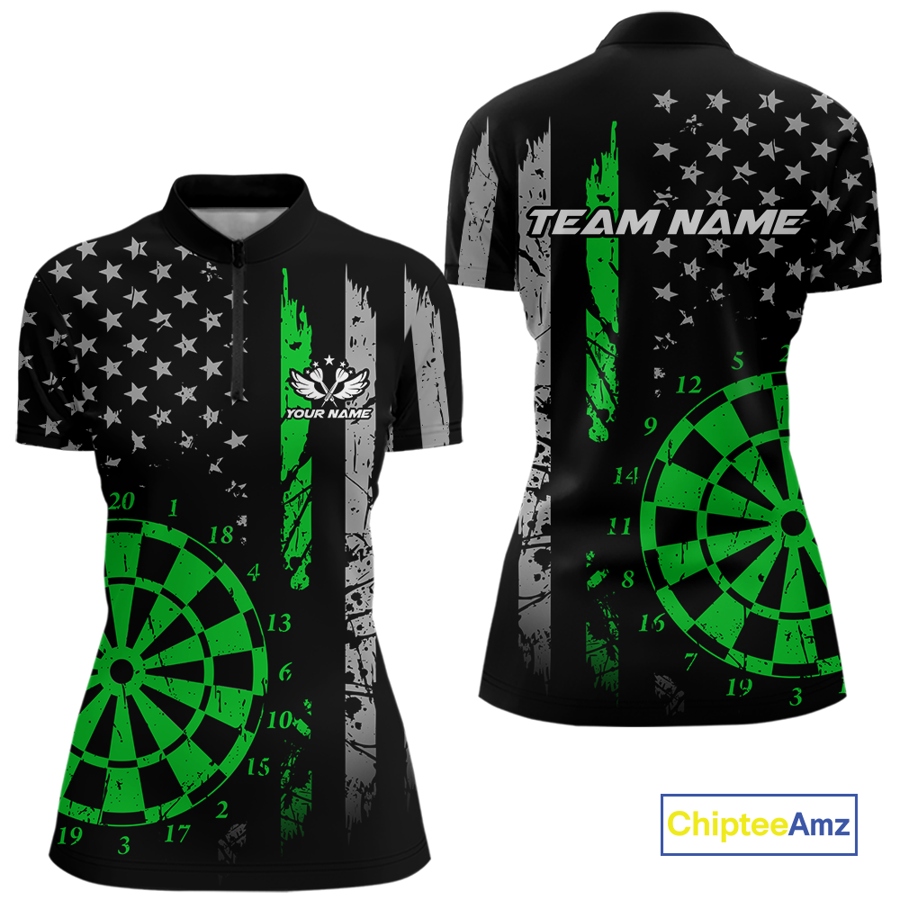 Custom Green US Flag Darts Shirt for Women Darts Team Jerseys Dart Tournament Polo & 1/4 Zip NNT116