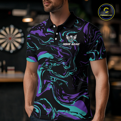 Purple-Turquoise Pattern Darts Team Jerseys Dart Shirts For Men Dart Tournament Polo & 1/4 Zip NNT119