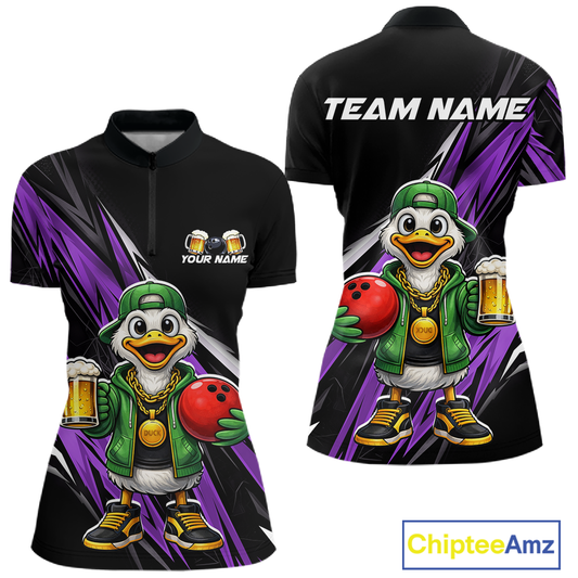 Custom Purple Beer Duck Bowling Shirt for Women Duck Funny Beer Bowling Team Jersey HNT276