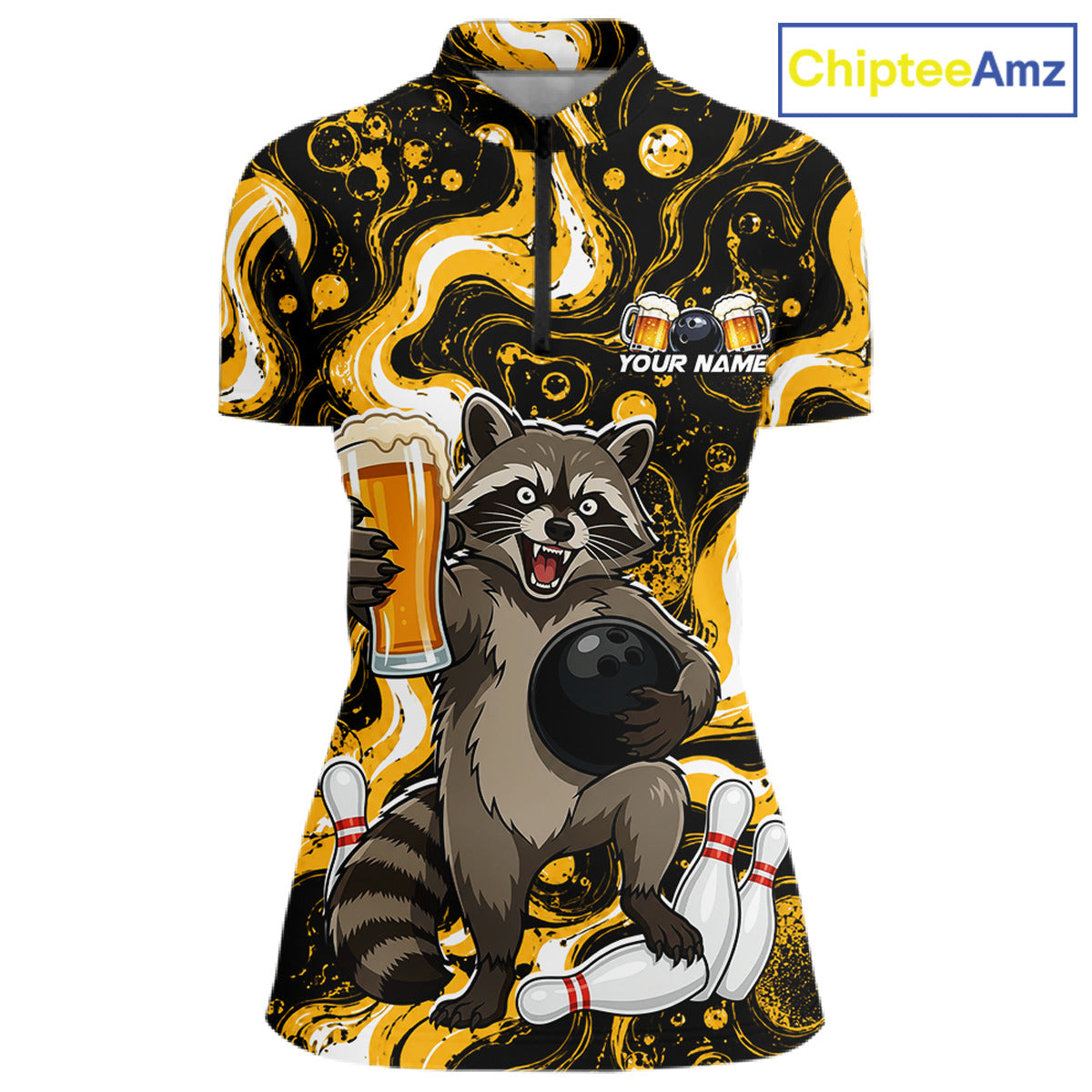 Custom Beer Raccoon Bowling Shirt for Women Bowling Polo & 1/4 Zip Bowling Team Shirts HNT311