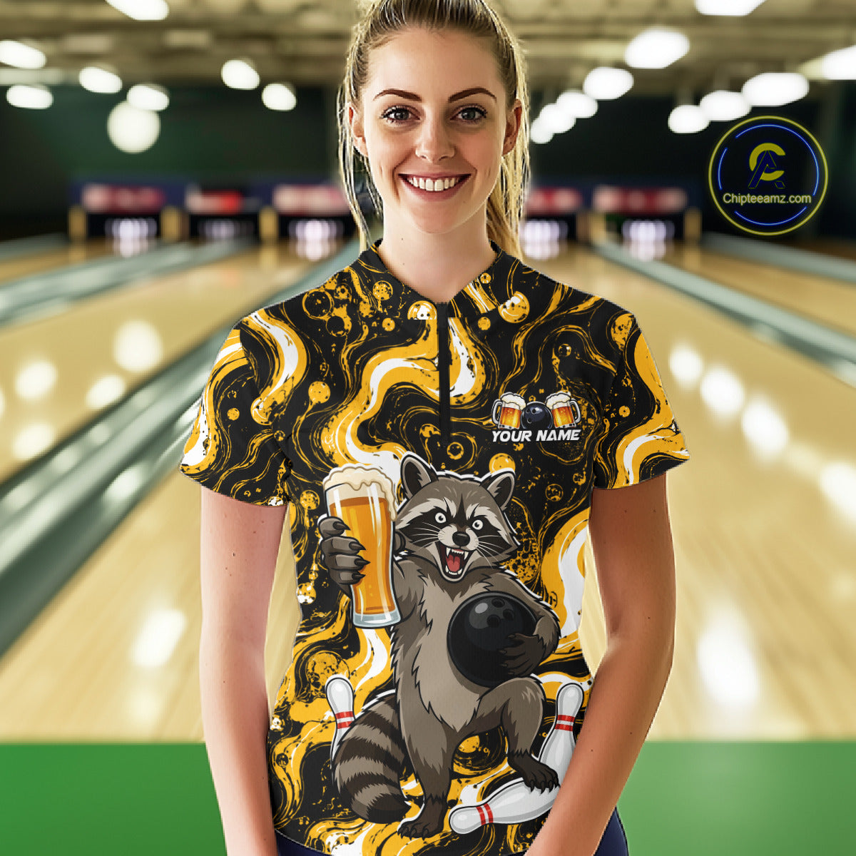 Custom Beer Raccoon Bowling Shirt for Women Bowling Polo & 1/4 Zip Bowling Team Shirts HNT311