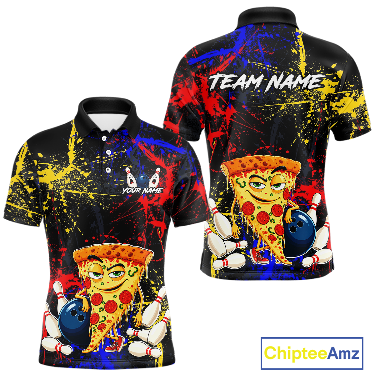 Front and back views of a black bowling polo featuring colorful red, yellow, and blue paint splatter graphics, a cartoon pizza slice mascot, bowling pins, and custom team text.