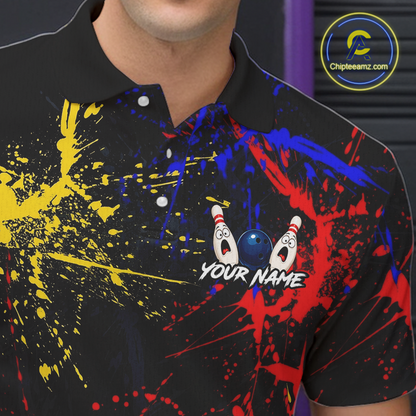 Colorful polo shirt with graphic design and 'Your Name' text, brand logo visible.