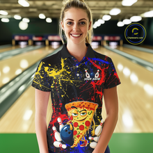 Load image into Gallery viewer, Woman wearing a black bowling polo featuring colorful red, yellow, and blue paint splatter graphics, a cartoon pizza slice mascot, bowling pins, and custom your name text.