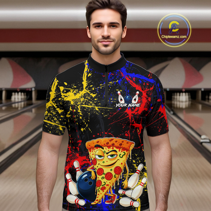 Man wearing a black bowling quarter zip featuring colorful red, yellow, and blue paint splatter graphics, a cartoon pizza slice mascot, bowling pins, and custom your name text.