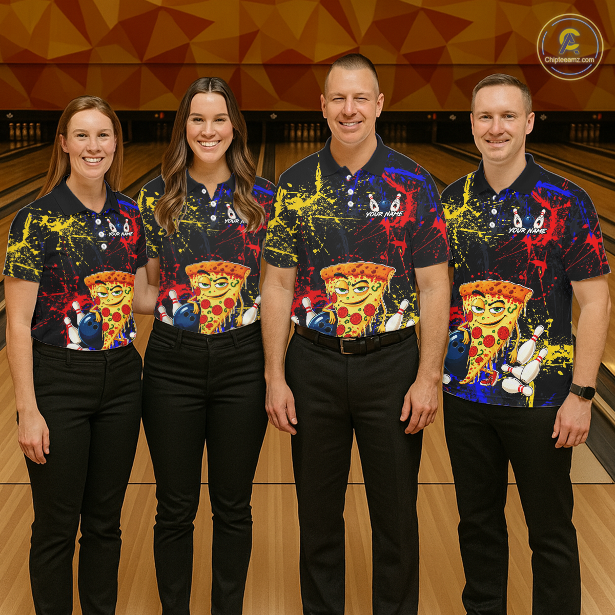 Four people wearing black bowling quarter zip featuring colorful red, yellow, and blue paint splatter graphics, a cartoon pizza slice mascot, bowling pins, and custom your name text.