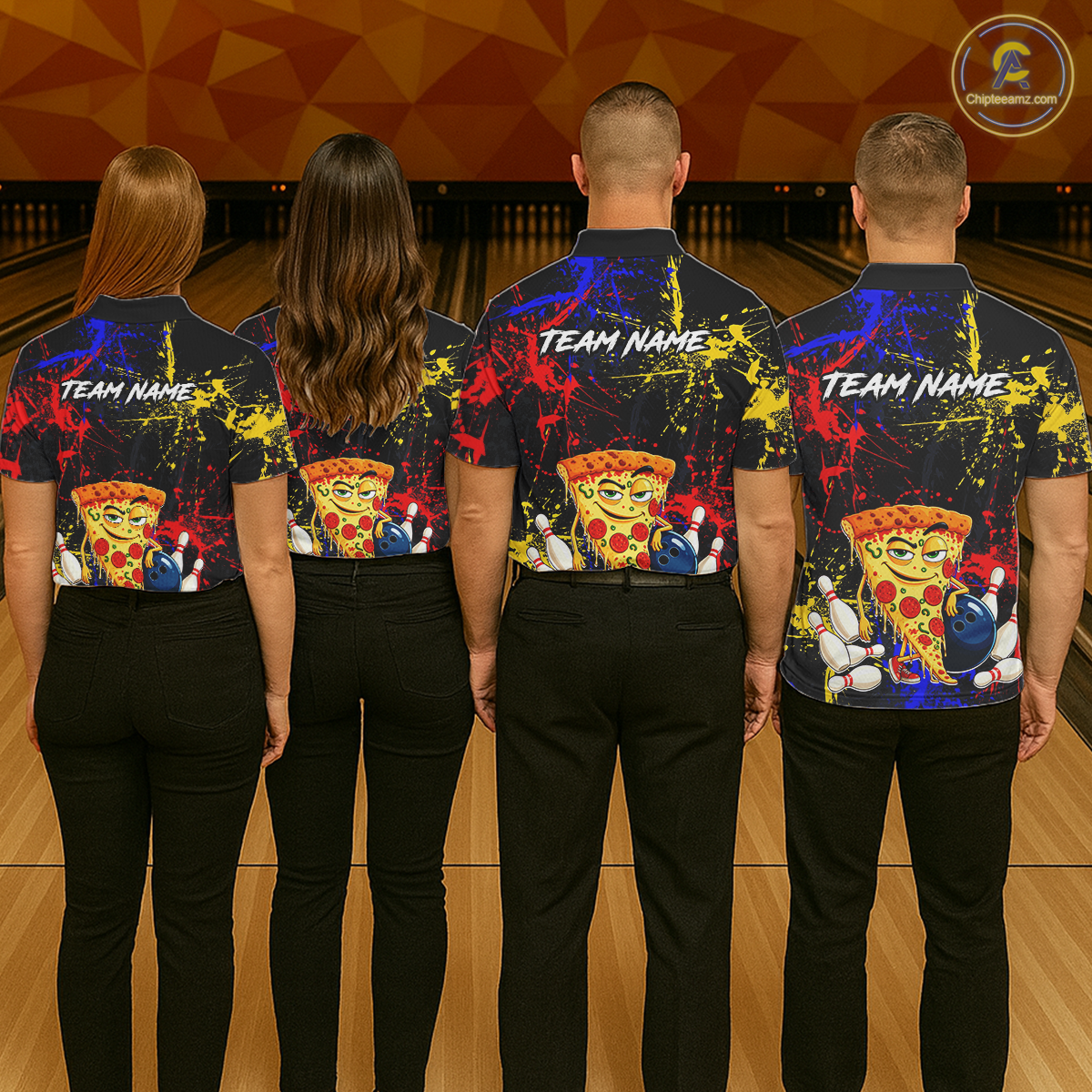 Four people wearing black bowling quarter zip featuring colorful red, yellow, and blue paint splatter graphics, a cartoon pizza slice mascot, bowling pins, and custom team name text.
