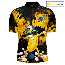 Load image into Gallery viewer, Shirt with cartoon banana character and bowling elements on a black and yellow background, branded 'ChipteeAmz'.