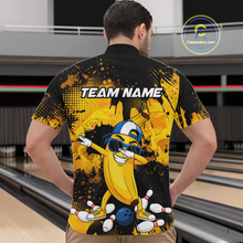 Load image into Gallery viewer, Man wearing a black and yellow bowling quarter zip featuring a cool banana mascot dabbing, bowling pins, a blue bowling ball, and custom team text.