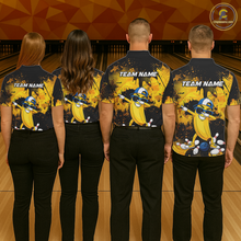 Load image into Gallery viewer, Four people wearing black and yellow bowling polo featuring a cool banana mascot dabbing, bowling pins, a blue bowling ball, and custom team text.