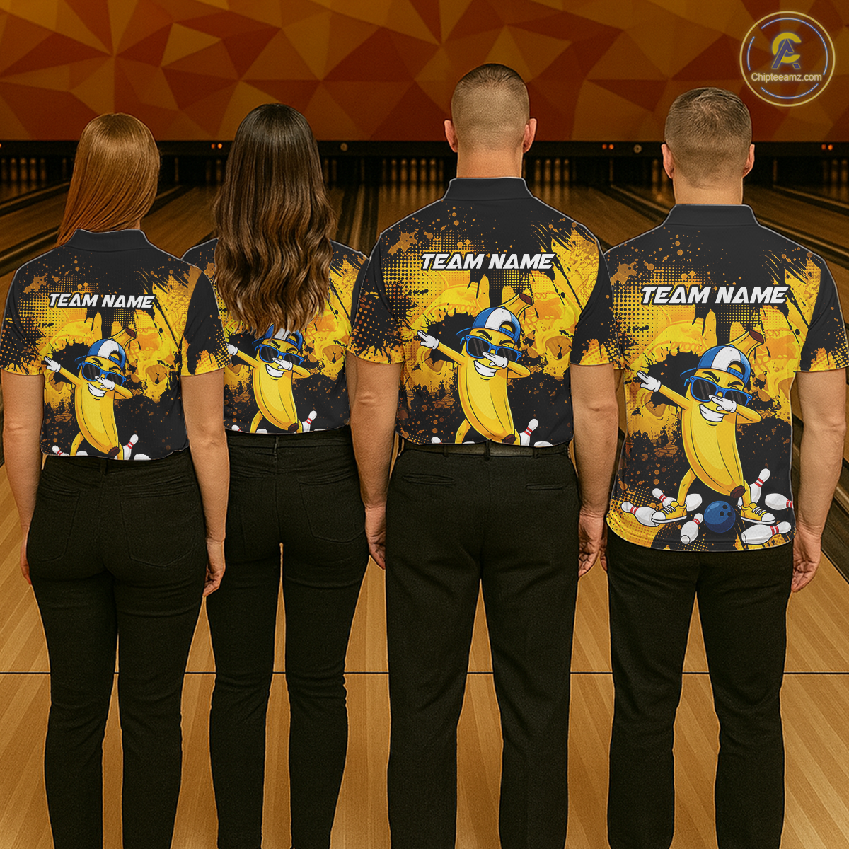 Four people wearing black and yellow bowling polo featuring a cool banana mascot dabbing, bowling pins, a blue bowling ball, and custom team name text.