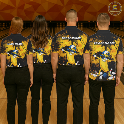Four people wearing black and yellow bowling polo featuring a cool banana mascot dabbing, bowling pins, a blue bowling ball, and custom team name text.