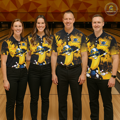 Four people wearing black and yellow bowling polo featuring a cool banana mascot dabbing, bowling pins, a blue bowling ball, and custom your name text.