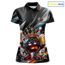Load image into Gallery viewer, Front view personalized bowling polo shirt with a crowned bowling ball character surrounded by pins and angled graphic patterns across a black layout.