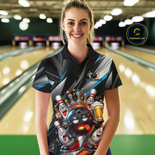 Load image into Gallery viewer, Women wearing personalized bowling polo shirt with a crowned bowling ball character surrounded by pins and angled graphic patterns across a black layout.